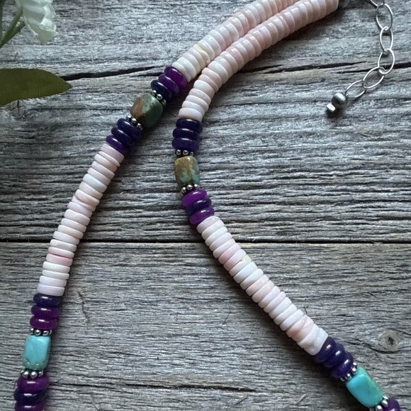 Southwestern Sterling Silver Pink Conch Multi Stone Bead Necklace. 18 Inch - Picture 9 of 12